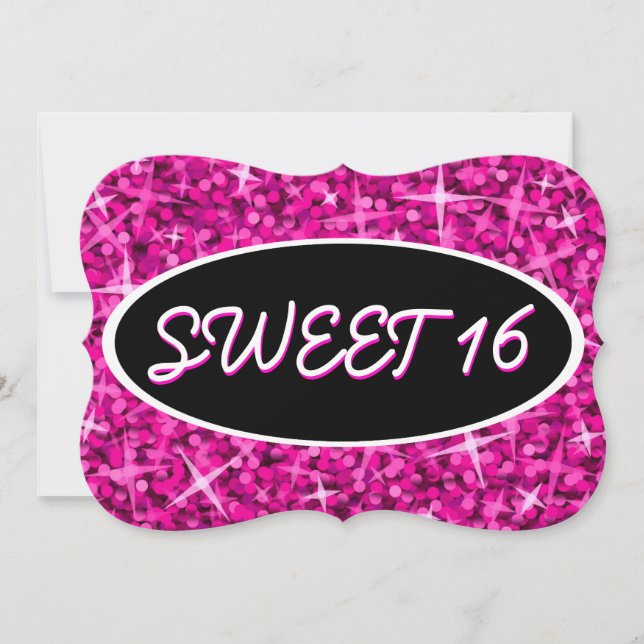 Glitz Pink 'Sweet 16' schwarze ovale Klammer Einladung (Vorderseite)