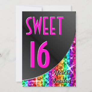 Glitz Rainbow Stripe schwarze Kurve "Sweet 16" Einladung