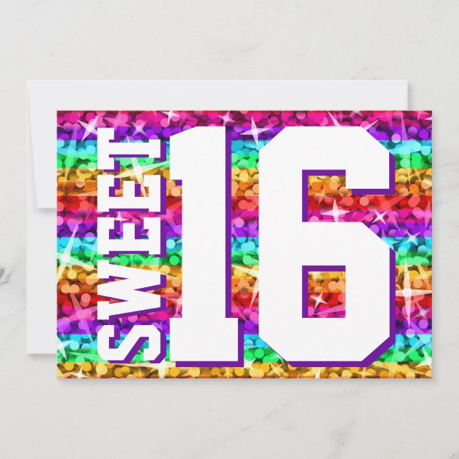 Glitz Rainbow Stripe 'Sweet 16' horizontal Einladung (Vorderseite)