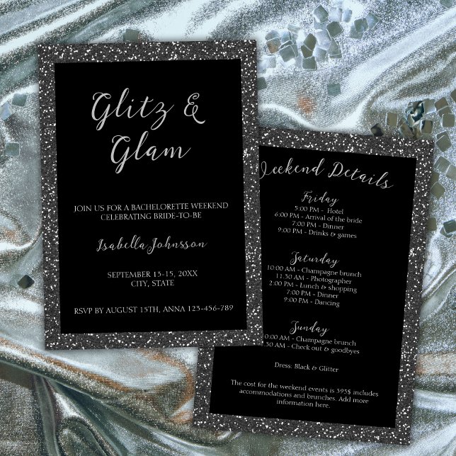 Glitz Schwarzer Glitzer Bachelorette Wochenende Einladung (Glitz & Glam Black Glitter Bachelorette Weekend Invitation silver)