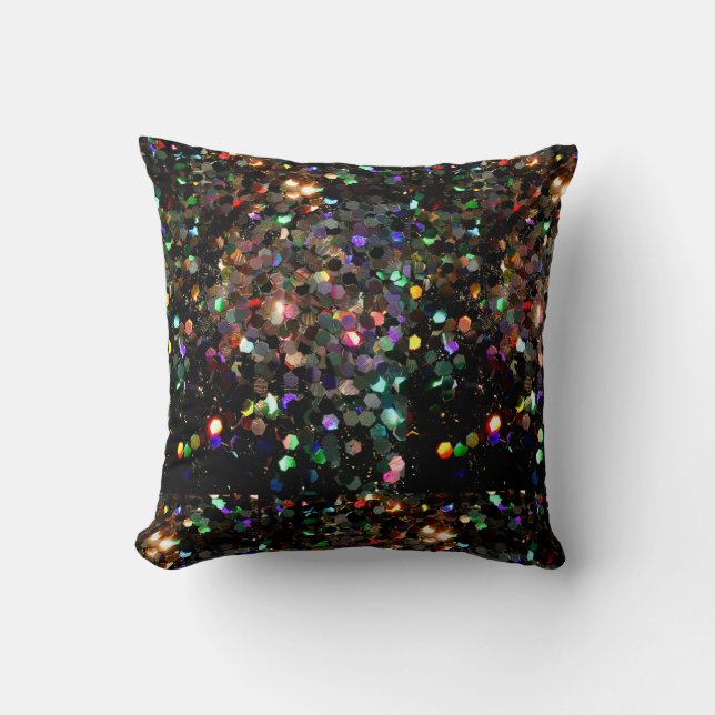 Glitz Schwarzer Glitzer Holo Rainbow Throw Kissen (Vorderseite)