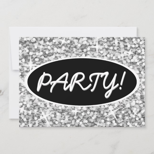Glitz "Silver" "Party!" Schwarz-Oval-Einladung Einladung (Vorderseite)