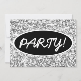 Glitz "Silver" "Party!" Schwarz-Oval-Einladung Einladung