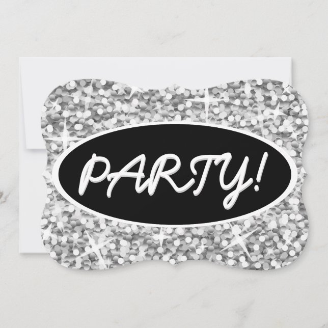 Glitz "Silver" 'Party!' schwarze ovale Klammer Einladung (Vorderseite)