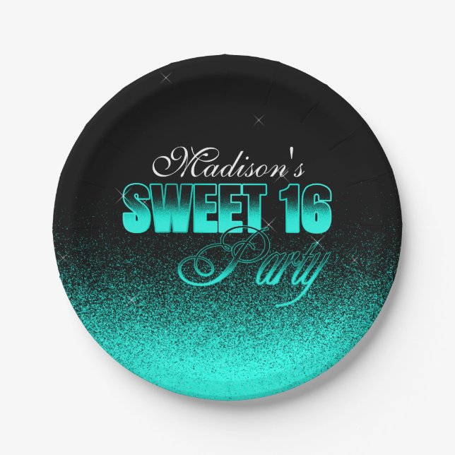 Glitz und Glamour Black and Aqua Sweet 16 Pappteller (Vorderseite)