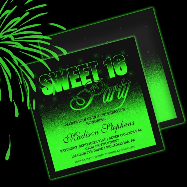 Glitz und Glamour Black and Neon Green Sweet 16 Einladung (Von Creator hochgeladen)