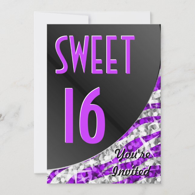 Glitz Zebra Lila Kurve "Sweet 16" Einladung (Vorderseite)