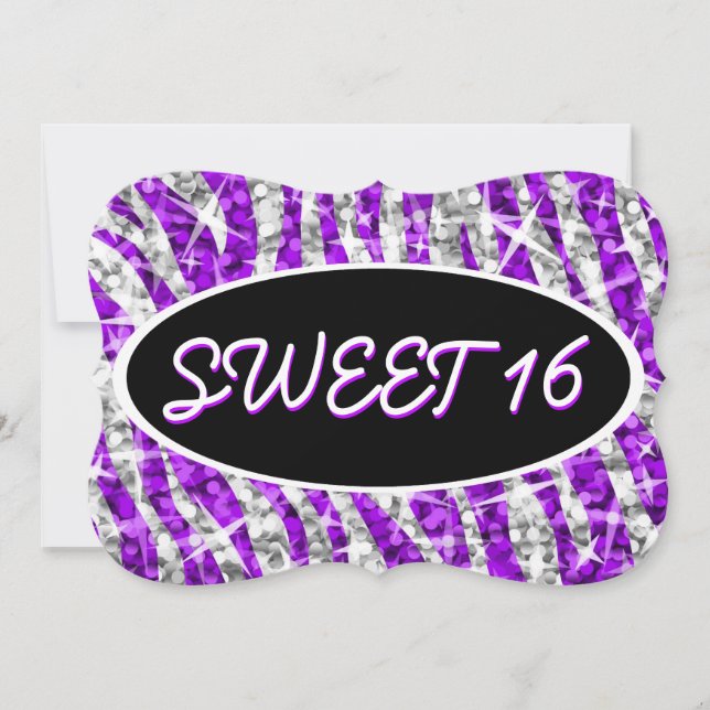 Glitz Zebra Lila schwarze Eishalterung "Sweet 16" Einladung (Vorderseite)