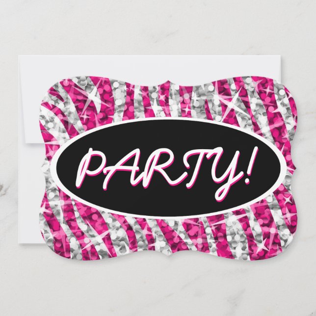 Glitz Zebra Pink 'Party', schwarze ovale Klammer Einladung (Vorderseite)