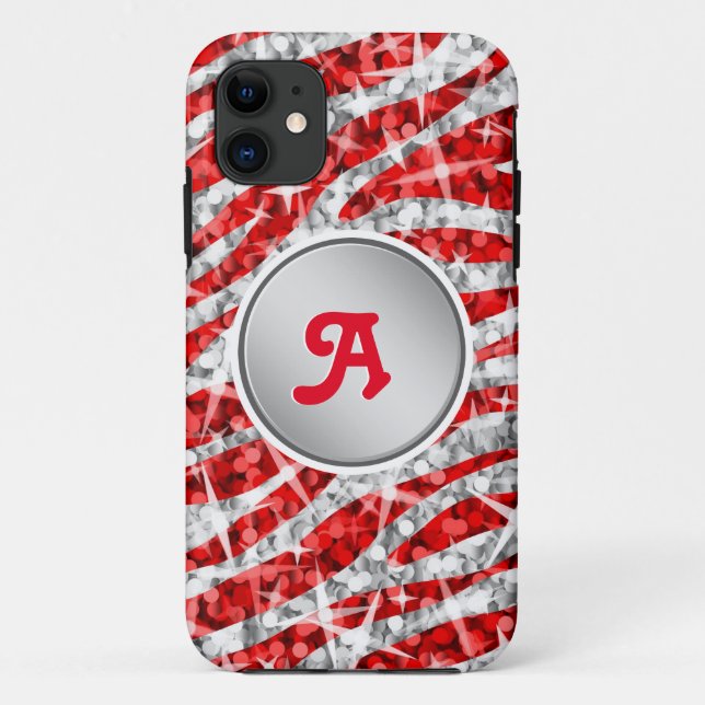 Glitz Zebra Rotes Monogramm iPhone "silber" Case-Mate iPhone Hülle (Rückseite)