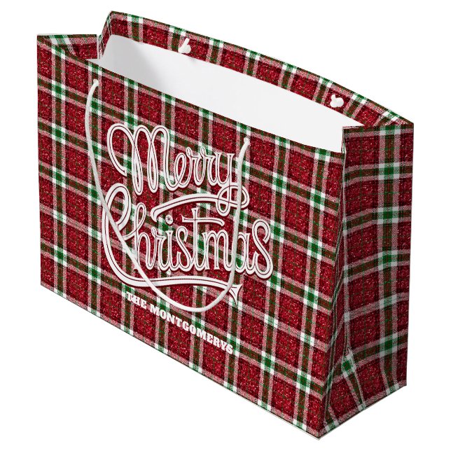 Glitzendes Weihnachts-Karomuster  Große Geschenktüte (Rückseite Schrägansicht)