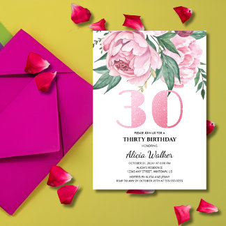 Glitzer 30. Pink Peony Floral Greenery Geburtstag Einladung