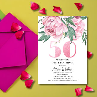 Glitzer 50. Pink Peony Floral Greenery Geburtstag Einladung