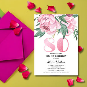 Glitzer 80. Pink Peony Floral Greenery Geburtstag Einladung