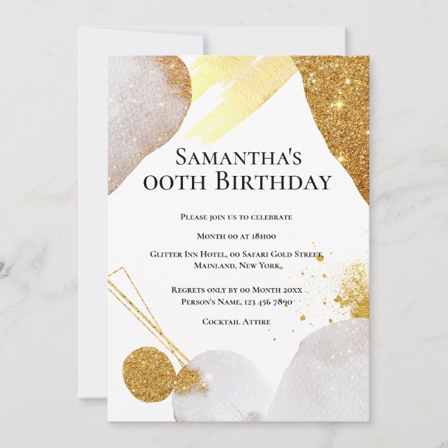 Glitzer abstrakte goldfarbene Formen Aquarellglasu Einladung (Vorderseite)