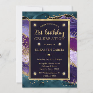 Glitzer Agate Birthday Party aquamarin, Lila und G Einladung