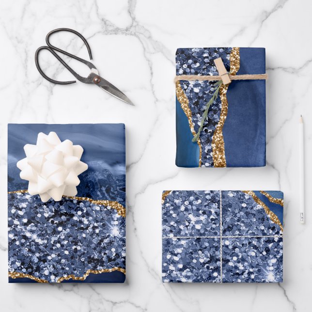 Glitzer Agate für blaue und goldene Imitate Geschenkpapier Set (Vorderseite)