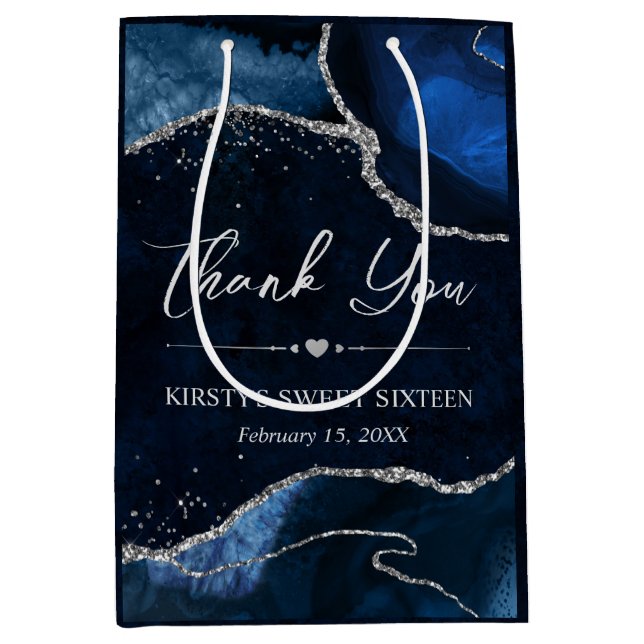 Glitzer Agate Sweet 16 Blau und Silber Imitate Mittlere Geschenktüte (Vorderseite)