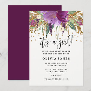 Glitzer Amethyst Girl Baby Dusche Einladung