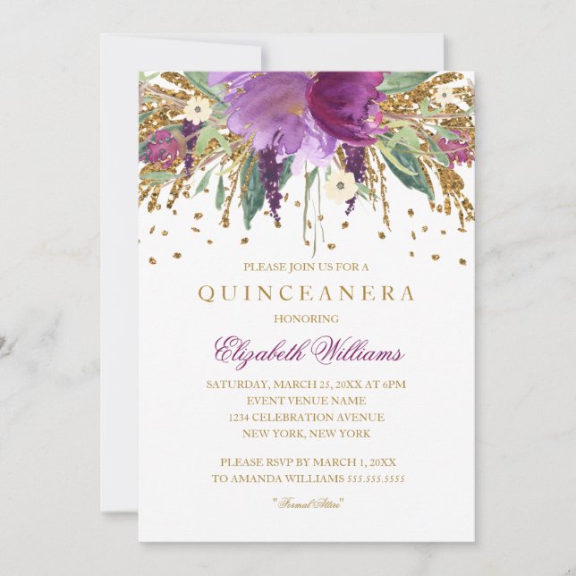 Glitzer Amethyst Quinceanera Einladung (Vorderseite)
