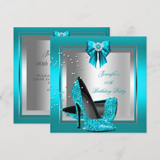 Glitzer Aquamarin Blue High Heel Silver Geburtstag Einladung (Vorne/Hinten)