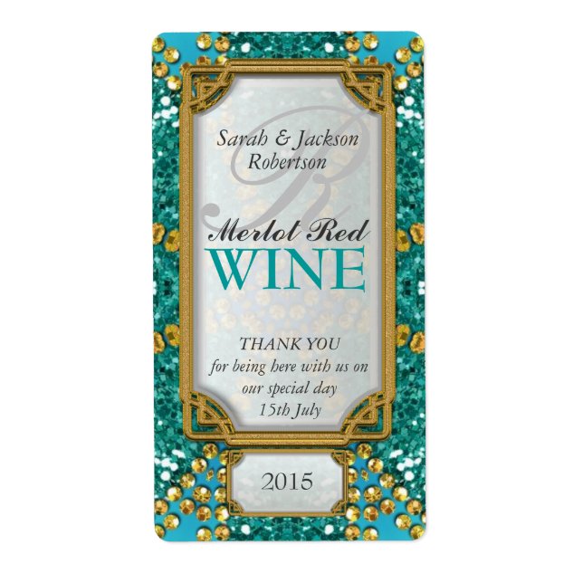 Glitzer Aquamarin Gold Custom Wine Flaschen Labels (Vorne)