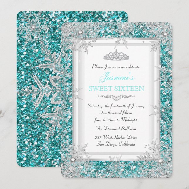 Glitzer Aquamarin Silver Winter Wonderland Sweet 1 Einladung (Vorne/Hinten)