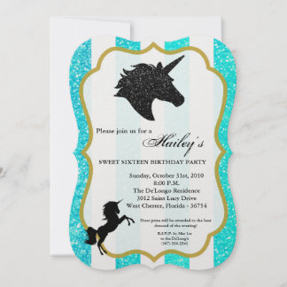 Glitzer Aquamarin Unicorn Sweet 16 Geburtstag Einl Einladung