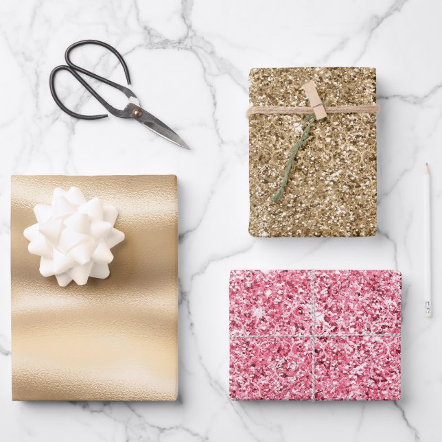 Glitzer aus Gold und Rosa Geschenkpapier Set (Vorderseite)