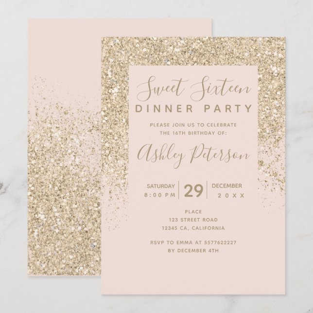 Glitzer aus leicht goldfarbenem, rot-rosa Sweet 16 Einladung (Vorne/Hinten)