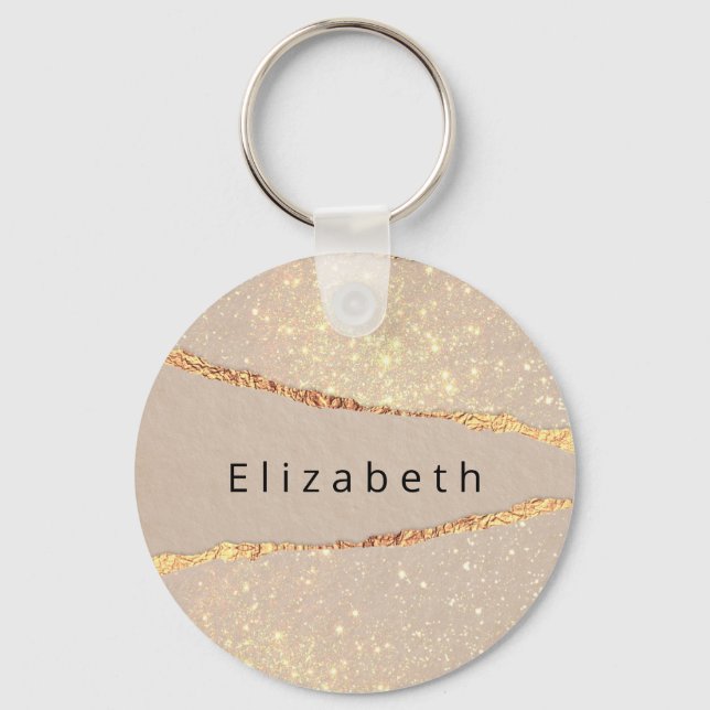 Glitzer aus Marmor, beige Goldmonogramm Schlüsselanhänger (Vorderseite)