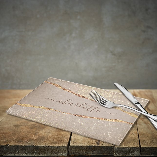 Glitzer aus Marmor, beige Goldmonogramm Schneidebrett (Von Creator hochgeladen)