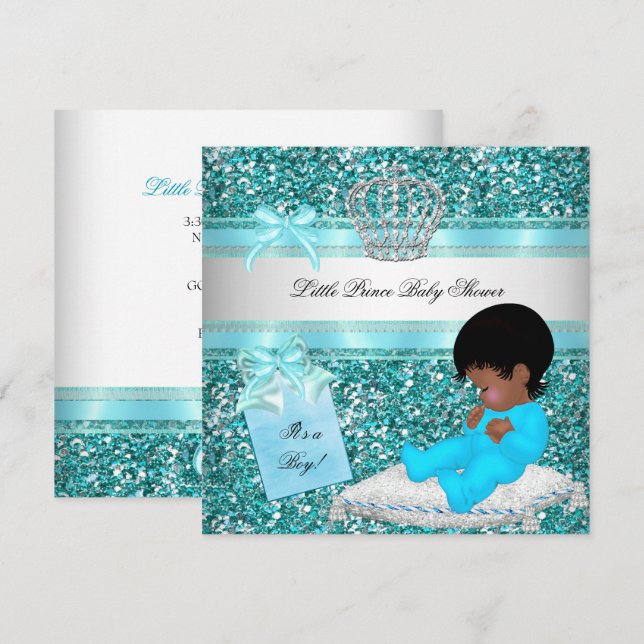 Glitzer Baby Shower Boy Aquamarin Little Prince Cr Einladung (Vorne/Hinten)