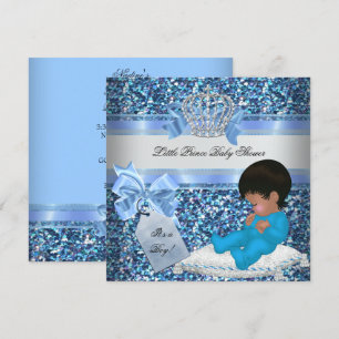 Glitzer Baby Shower Boy Blue Little Prince Crown 2 Einladung