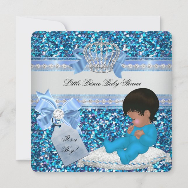 Glitzer Baby Shower Boy Blue Little Prince Crown 3 Einladung (Vorderseite)