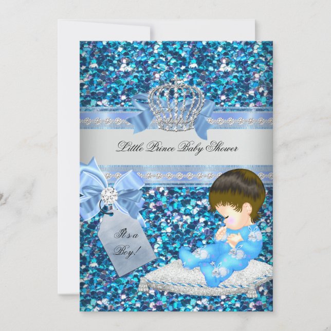 Glitzer Baby Shower Boy Blue Little Prince Crown 4 Einladung (Vorderseite)