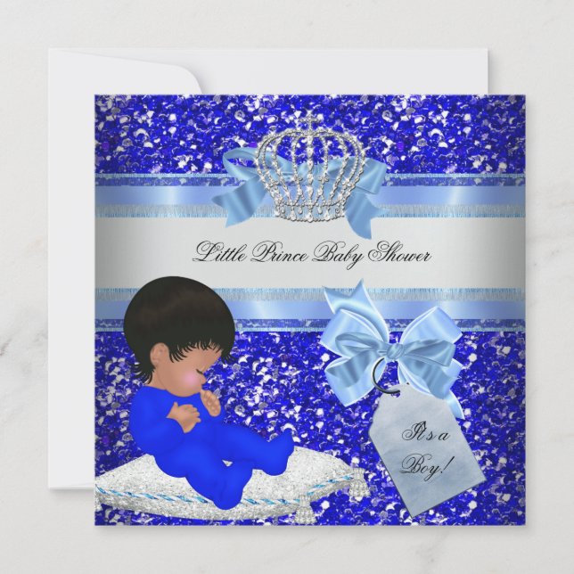 Glitzer Baby Shower Boy Blue Little Prince Crown 4 Einladung (Vorderseite)