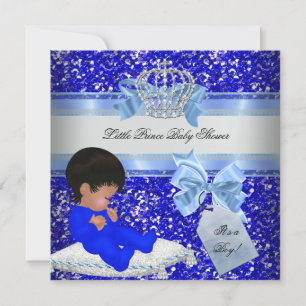 Glitzer Baby Shower Boy Blue Little Prince Crown 4 Einladung