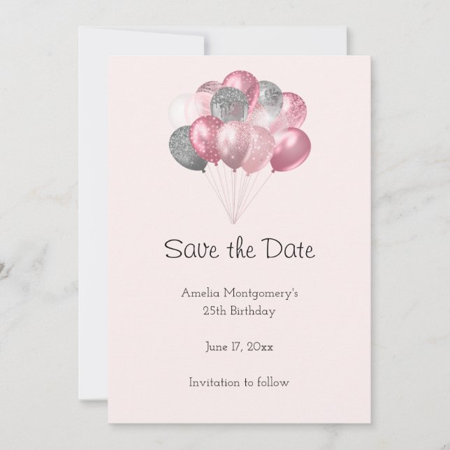 Glitzer Ballon Bunch Pink und Silber Save The Date (Vorderseite)