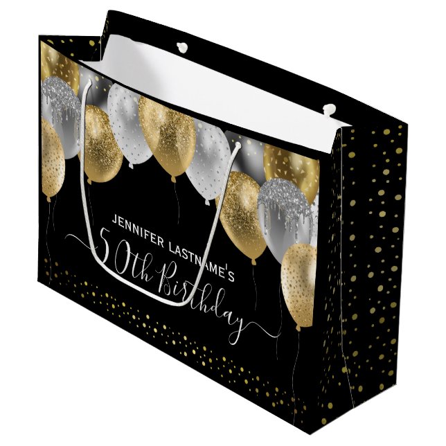 Glitzer Balloons 50. Geburtstagsparty Große Geschenktüte (Vorderseite Schrägansicht)