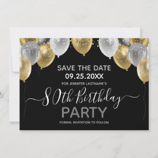 Glitzer Balloons 80. Geburtstagsparty Save the Dat Einladung