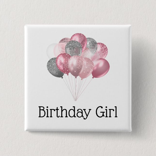 Glitzer Balloons Pink und Silver Birthday Girl Button (Vorderseite)