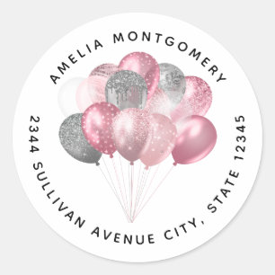 Glitzer Balloons Rosa und Silber - Anschrift Runder Aufkleber