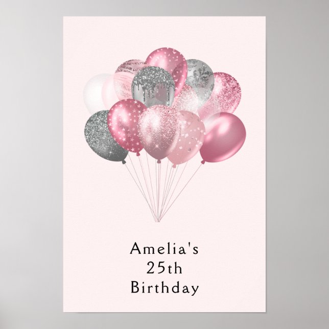 Glitzer Balloons Rosa und Silber Geburtstag Poster (Vorne)