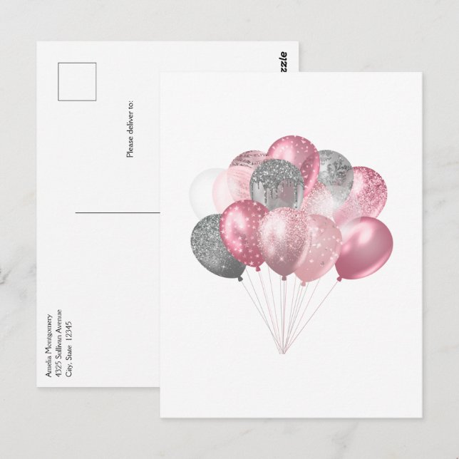 Glitzer Balloons Rosa und Silber Postkarte (Vorne/Hinten)
