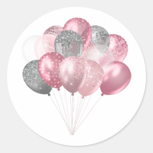 Glitzer Balloons Rosa und Silber Runder Aufkleber
