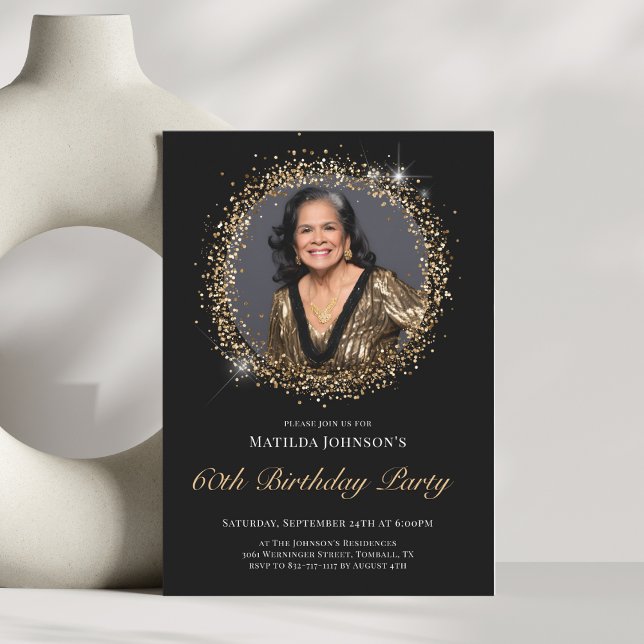 Glitzer Black Gold 60. Geburtstagsparty Einladung (Glitter Black Gold 60th Birthday Party Invitation
)