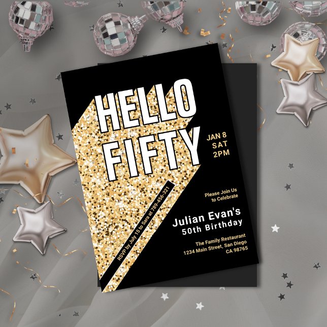 Glitzer Black & Gold Fett Typografie 50. Geburtsta Einladung (Glitter Black & Gold Bold Typography 50th Birthday Invitation)