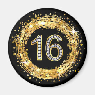 Glitzer Bling Confetti   der Diamant-Zahl-16 Gold Magnet
