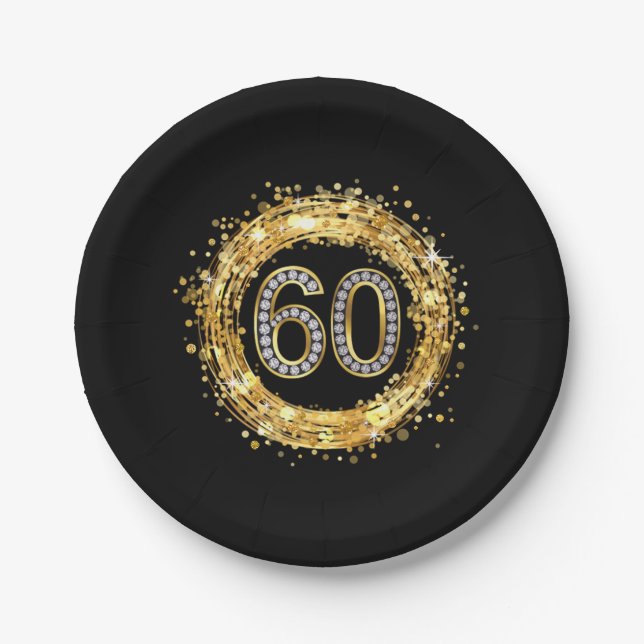 Glitzer Bling Confetti | der Diamant-Zahl-60 Gold Pappteller (Vorderseite)